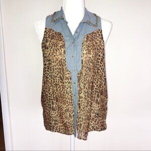 Guess Y2K Leopard Print Denim Rock Tank Shirt Womens Small indie punk